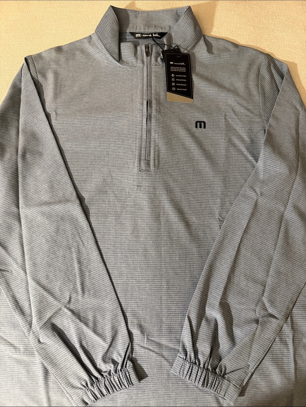 NWT Travis Mathew Light Blue/Gray Striped Quarter-Zip Pullover